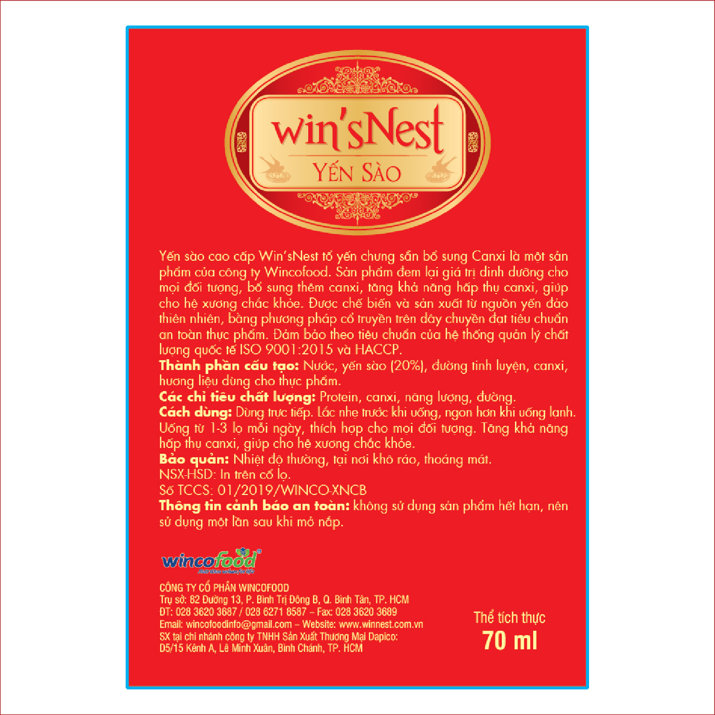 THÙNG 72 LỌ YẾN SÀO WIN'SNEST TỔ YẾN CHƯNG SẴN BỔ SUNG CANXI 20% (70ML/LỌ)