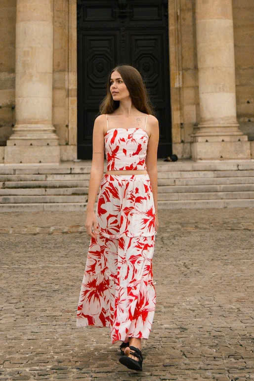 Váy Maxi Lưng Thun Cotton Lá Đỏ, Váy Maxi Phong Diễm thời trang thiết kế Hity Ski034