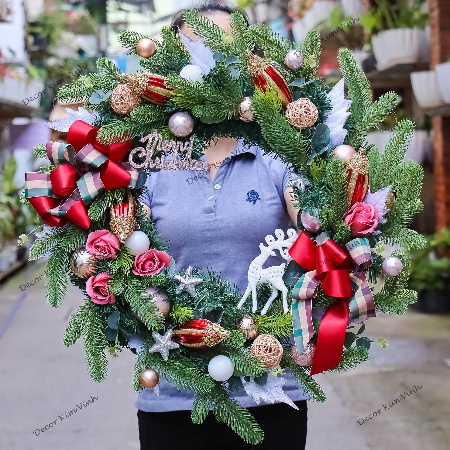 Vòng Tròn Nến Giáng Sinh DN139 60cm Vòng Nến Hươu Merry Trang Trí Noel Vintage