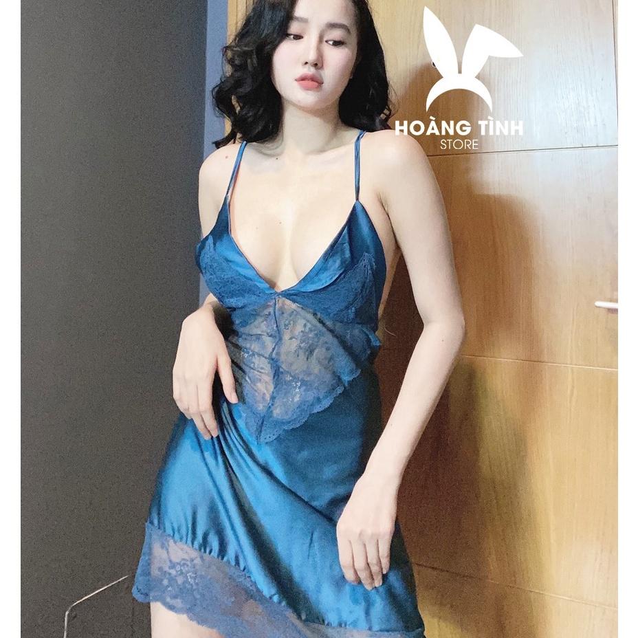 Váy ngủ sexy 2 dây phối ren lai Hoàng Tình Store, chất liệu lụa satin, kèm quần đùi cute, freesize 40-65kg tùy chiều cao