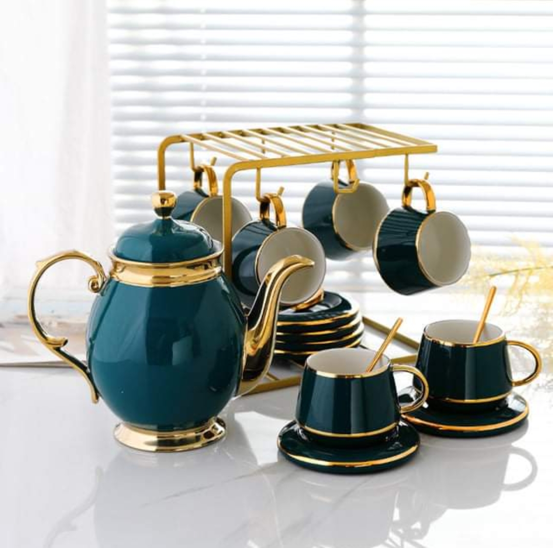 Bộ bình trà ( ấm chén ) uống trà cà phê màu xanh cổ vịt viền vàng kèm Giá treo cốc, 6 thìa vàng, 6 đĩa lót tách