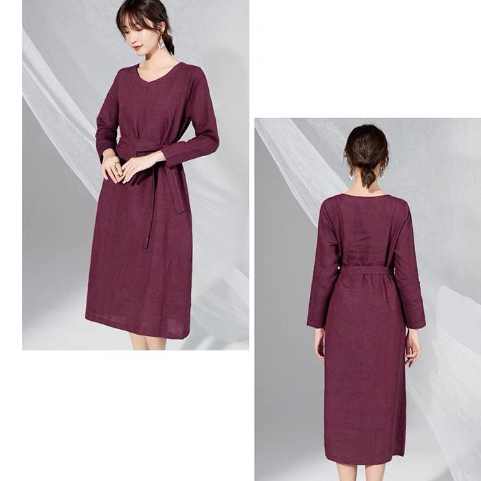 Đầm suông linen cô tim dài tay kèm đai rời trẻ trung, thời trang hè thu 2021 - Đỏ bã trầu