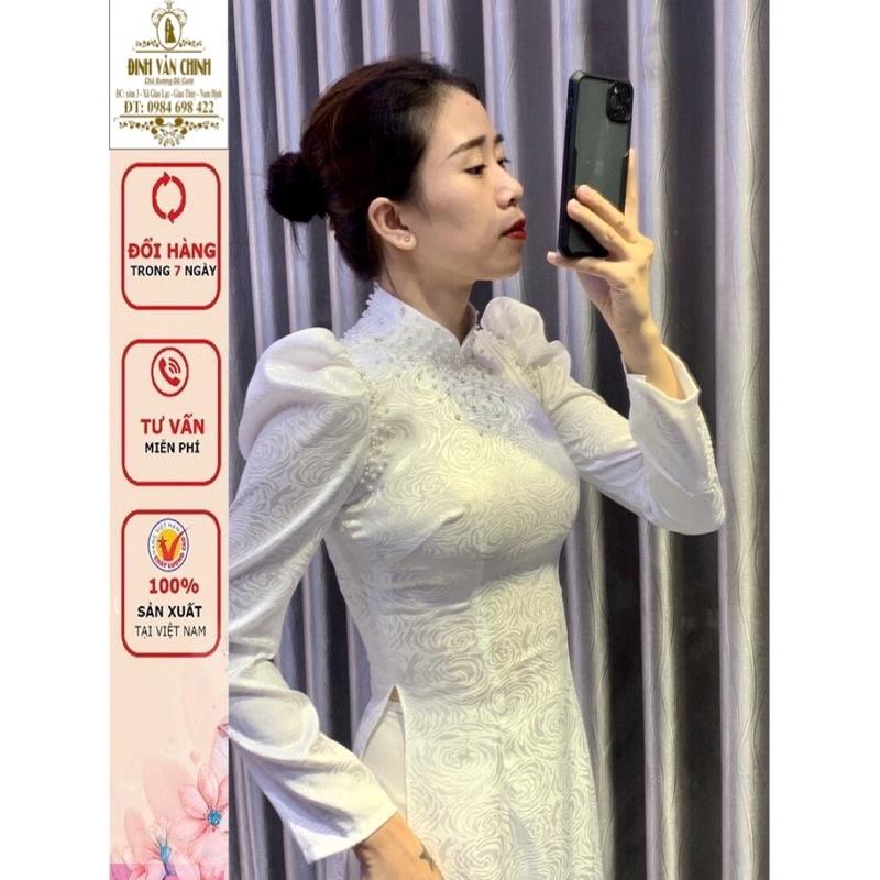Áo dài trắng gấm saka cao cấp mới