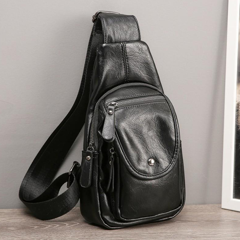 Men's Street Trend Cross Body Chest Bag Pu Leather - Black