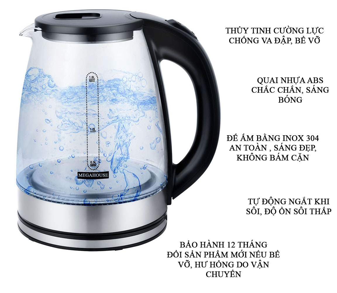 Ấm siêu tốc thủy tinh cao cấp MEGA HOUSE electric kettle MG168 bình siêu tốc loại 1.8L 1500w sôi nhanh, tự ngắt, bền đẹp, đèn led - hàng chính hãng.