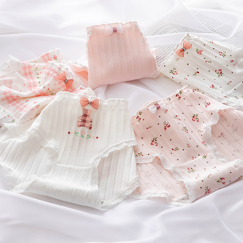 Set 5 Quần lót cotton nữ viền ren cạp nhún họa tiết hoa dễ thương QLN38