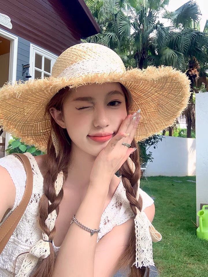 Nón cói rơm dây nơ ren vành xước vintage