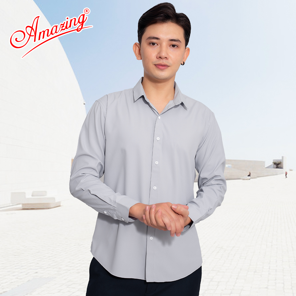 Hình ảnh Áo sơ mi nam công sở Amazing, màu trơn, form slim fit không túi, vải Bamboo, phong cách Hàn, vạt bầu