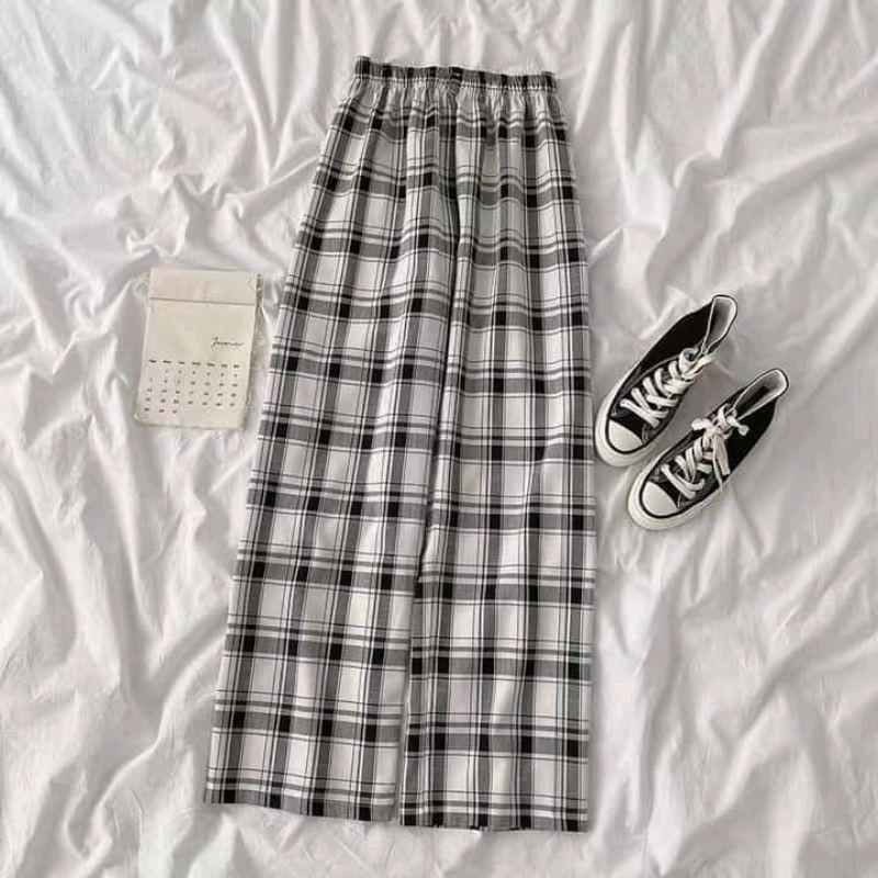 Quần Kẻ Nữ Cạp Chun Caro Lưng Cao Dáng Rộng Ống Suông ulzzang full màu hot Bống Store