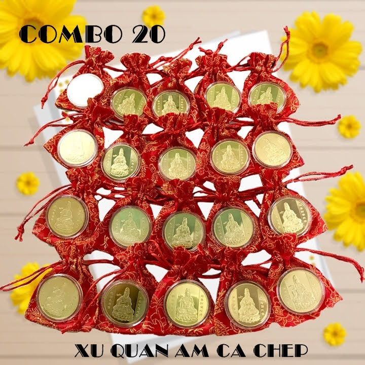 Combo 20 xu Quan Âm màu vàng Cá Chép tặng kèm túi gấm (giao màu ngẫu nhiên), dùng để làm quà tặng, biếu, xỏ lỗ đeo dây hoặc bỏ vào túi mang theo - SP005129