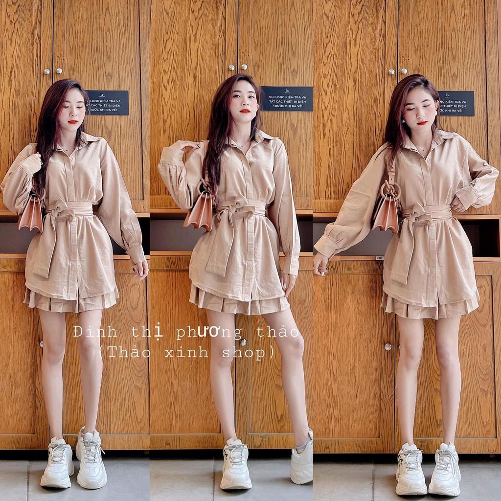 Áo Sơ Mi Và Chân Váy Tennis Trắng Áo Sơ Mi Nữ Trắng Dài Tay Có Đai Eo Chân Váy Tennis Có Quần Trong LANI SHOP