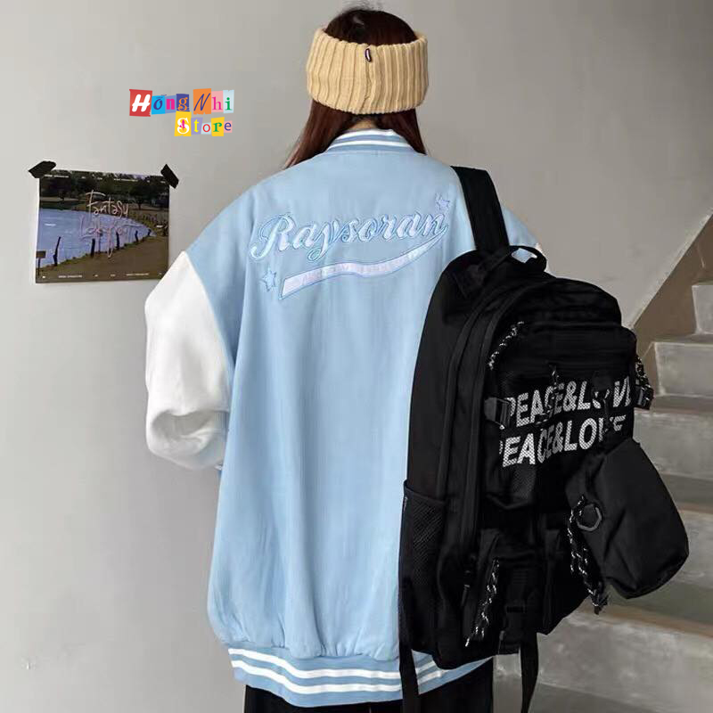 Áo Khoác Bomber Thêu Chữ R Raysoran Viền Cổ Ulzzang Unisex Dáng Rộng Nam Nữ - MM - M