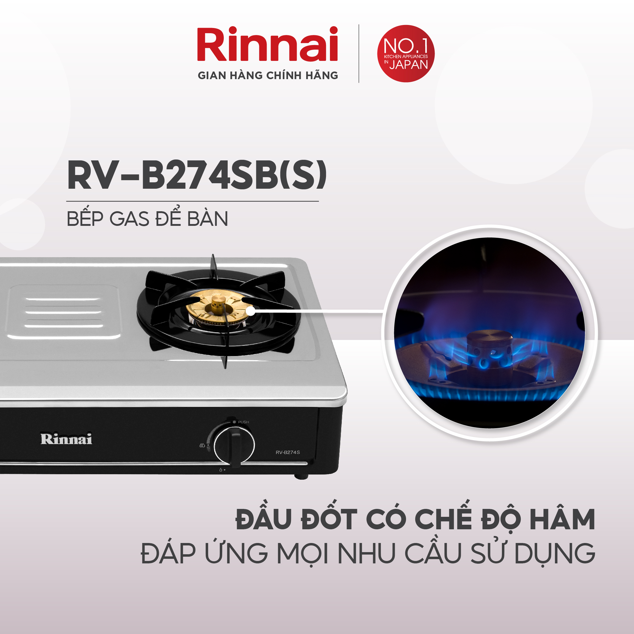 Bếp gas dương Rinnai RV-B274SB(S) mặt bếp inox và kiềng bếp men - Hàng chính hãng.