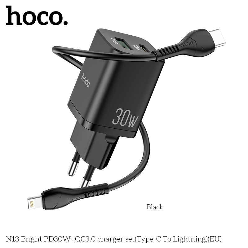 Bộ củ cáp sạc nhanh 30W Hoco N13 Dành cho Iphone hỗ trợ 2 cổng sạc nhanh ( Type C-USB) -Hàng Chính Hãng