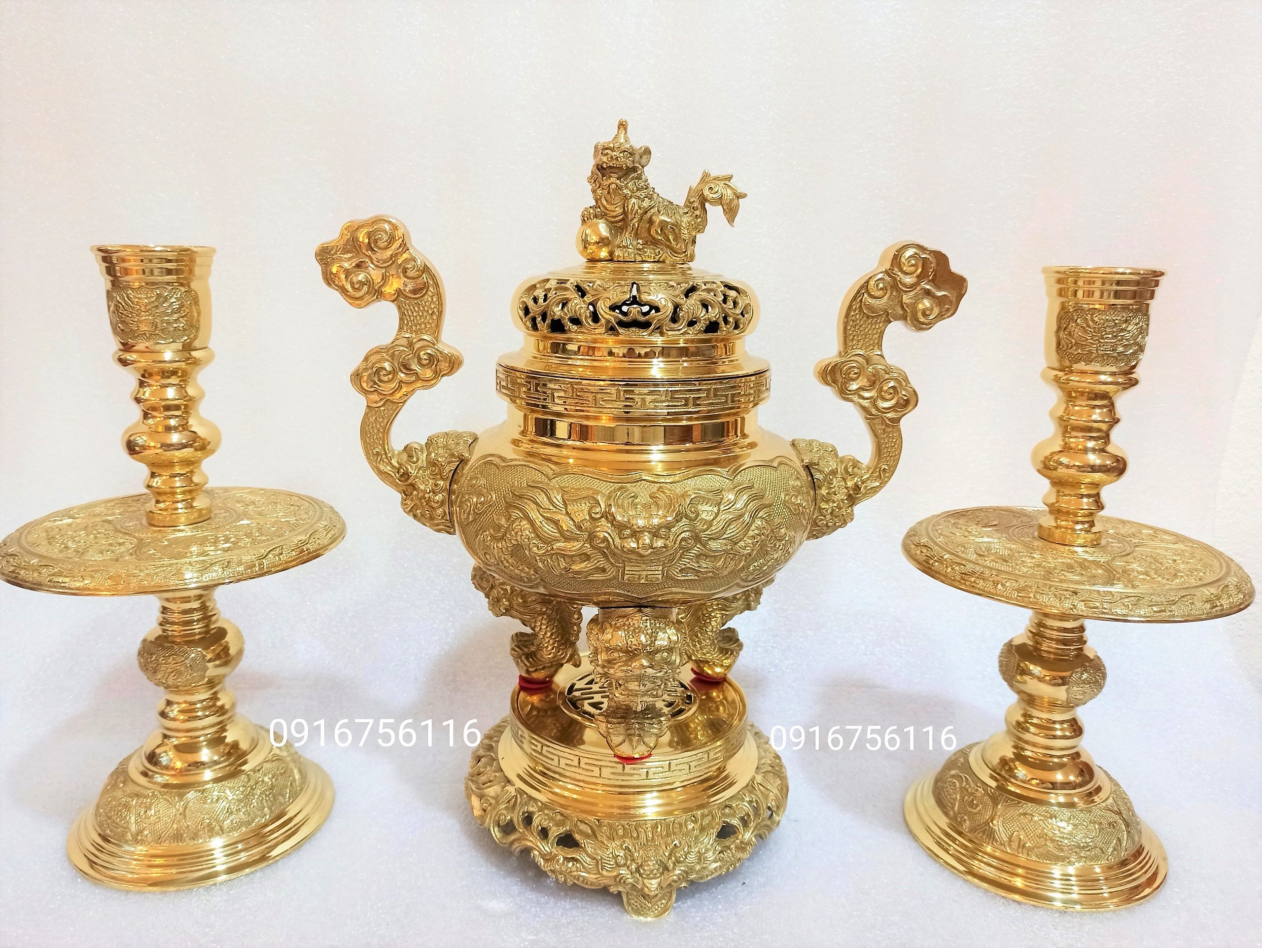 Bộ lư hương, đỉnh đồng thờ cúng cao 40cm, ngũ sự, tam sự, đỉnh, hạc-đồ đồng Nguyệt Ánh
