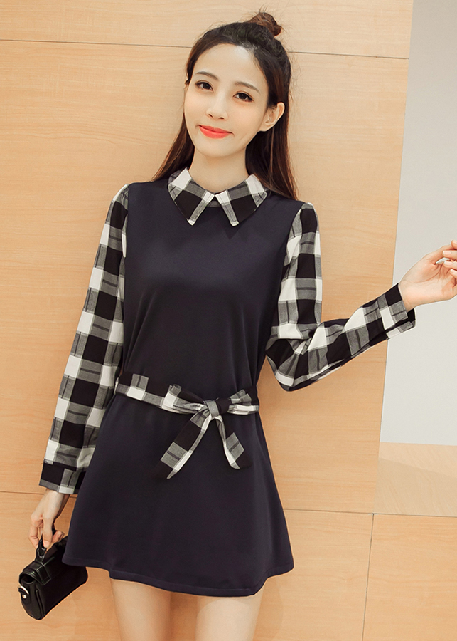 Đầm nữ cổ sơ mi phối caro da23
