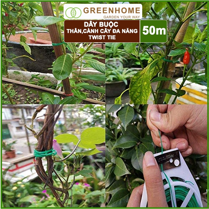 Dây Buộc Cành GreenHome, Dài 50m, Kẽm Bọc Nhựa, Tích Hợp Đầu Cắt Tiện Lợi, Cố Định Thân Cây, Làm Giàn Leo