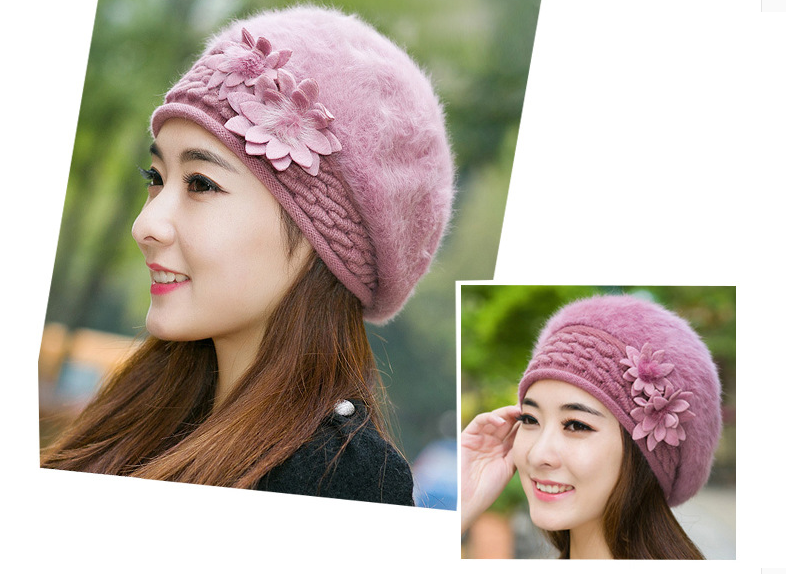 Mũ len nữ gắn hoa đôi phong cách Hàn mới, nón nồi len lông thỏ cao cấp