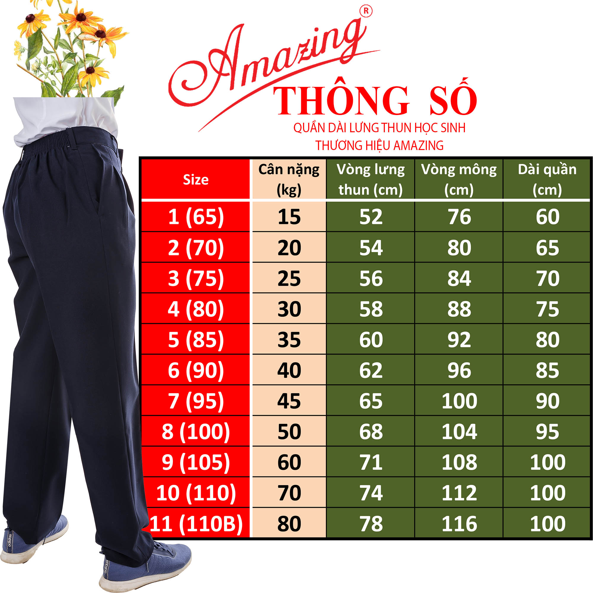 Quần xanh đi học lưng chun Amazing, phong cách Baggy, Unisex, dây kéo trước, có 2 ly mỗi bên, size từ 20-85kg