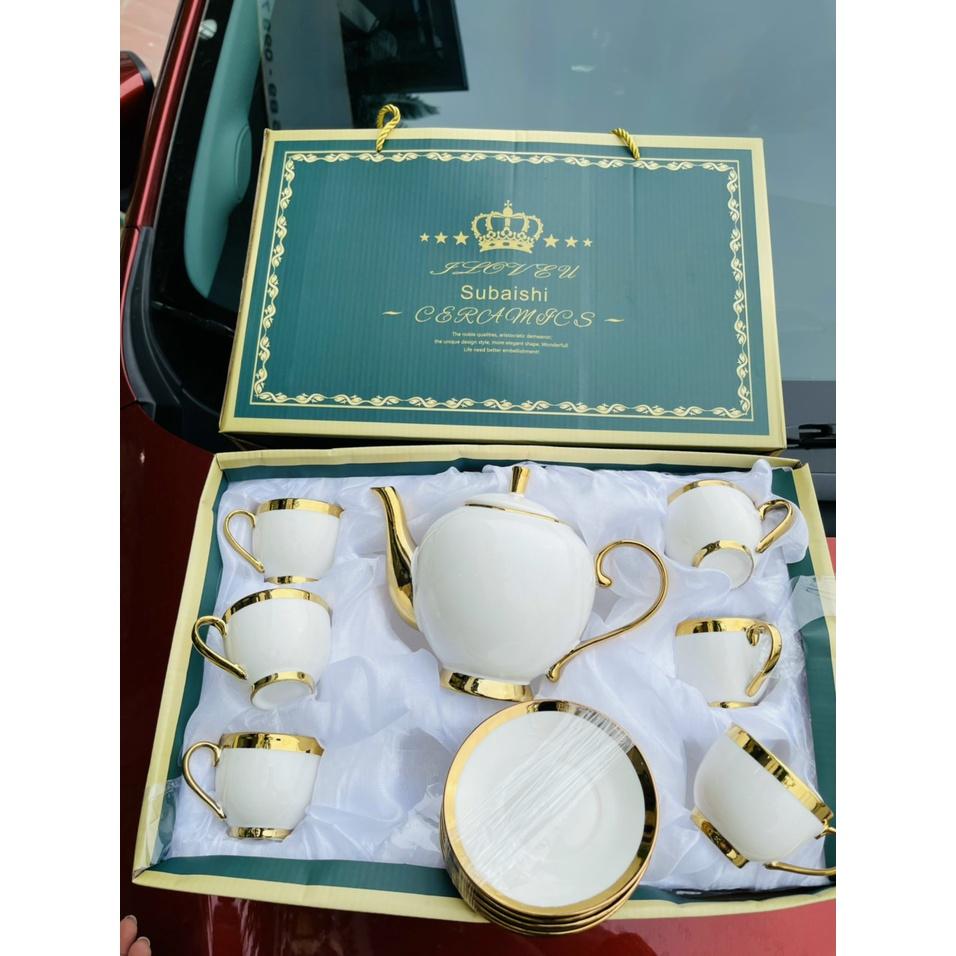 Bộ ấm chén chỉ vàng cao cấp, bộ ấm chén sứ uống trà phong cách đĩa kê