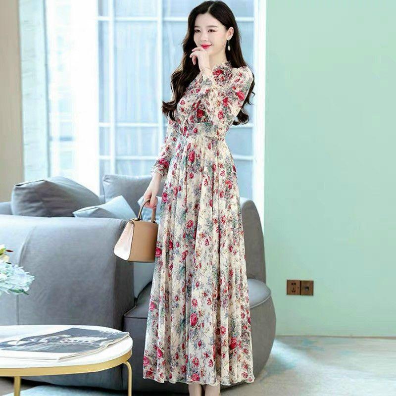 HÀNG NHẬP - ĐẦM MAXI VOAN HOA TAY DÀI CỔ VIỀN BÈO THẮT DÂY NƠ