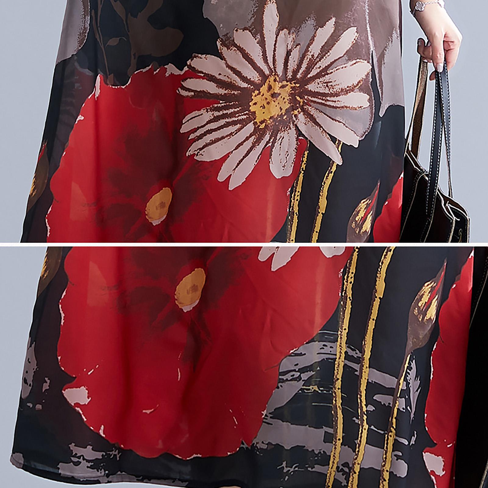 Vintage Women Plus Size Long Dress Floral Short Sleeve Pocket Blouse Dress Loose Casual Midi Dress