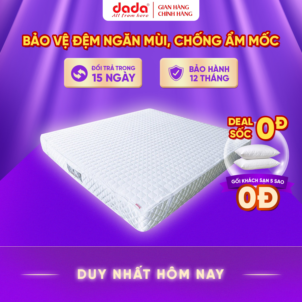 Tấm bảo vệ đệm DADA – Sản phẩm được dùng tại nhiều khách sạn, resort 5 sao – Tăng tuổi thọ cho đệm, chống bụi bẩn nấm mốc vi trùng – chống thấm tuyệt đối – Hàng Chính Hãng – Trắng khách sạn – 1M6 X 2M