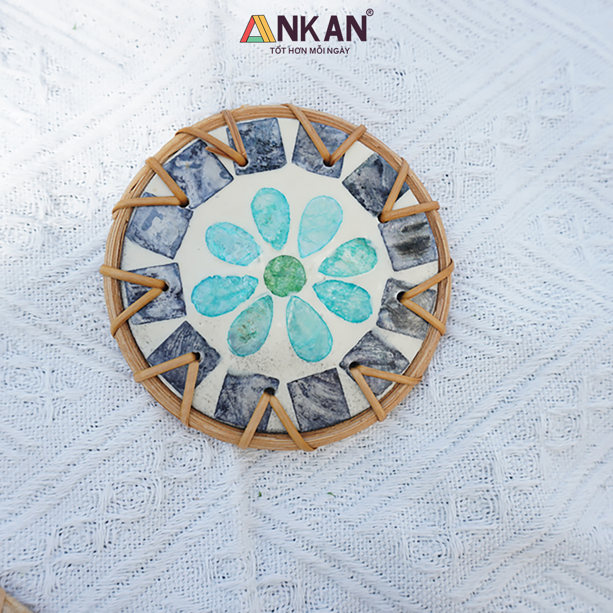 Đế Lót Ly Mây Khảm Trai Tròn ANKAN (10cm) - Lót Cốc Thủ Công Mỹ Nghệ Decor Bàn Ăn, Chụp Ảnh Sang Trọng - Hàng Xuất Khẩu