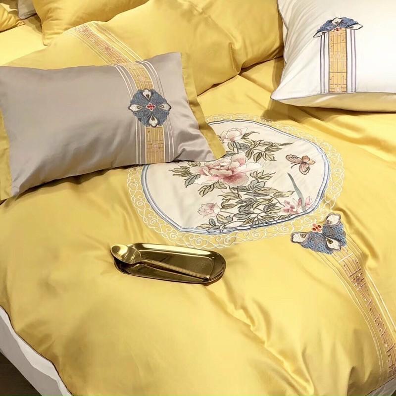 Bộ Chăn Ga Gối Lụa Tencel 60s Thêu -Hàng Nhập Khẩu Cao Cấp 5 Món Hoạ Tiết Độc Đáo