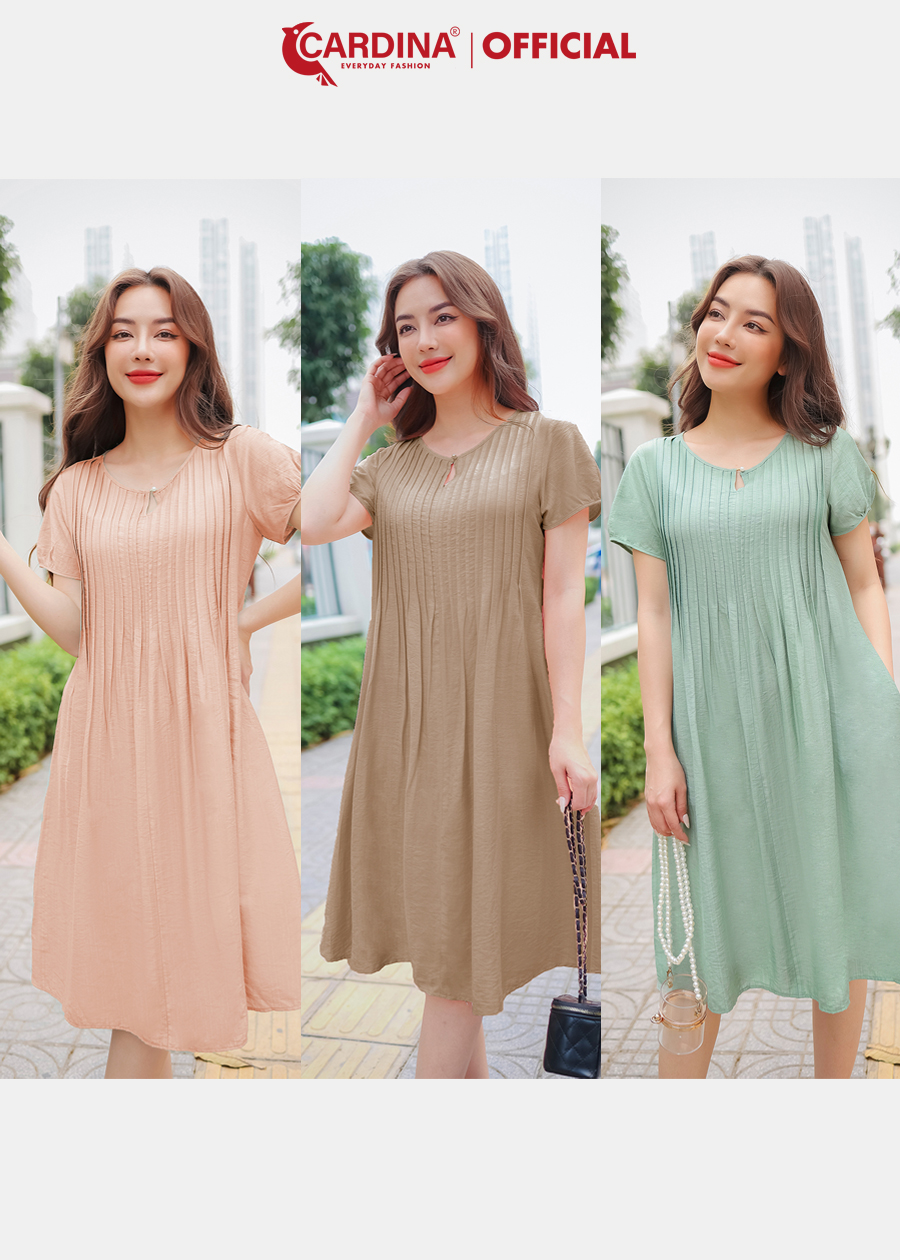 Đầm Nữ CARDINA Chất Đũi Cao Cấp Dáng Suông Xếp Ly Ngực Tay Bồng Điệu Đà 3VD08