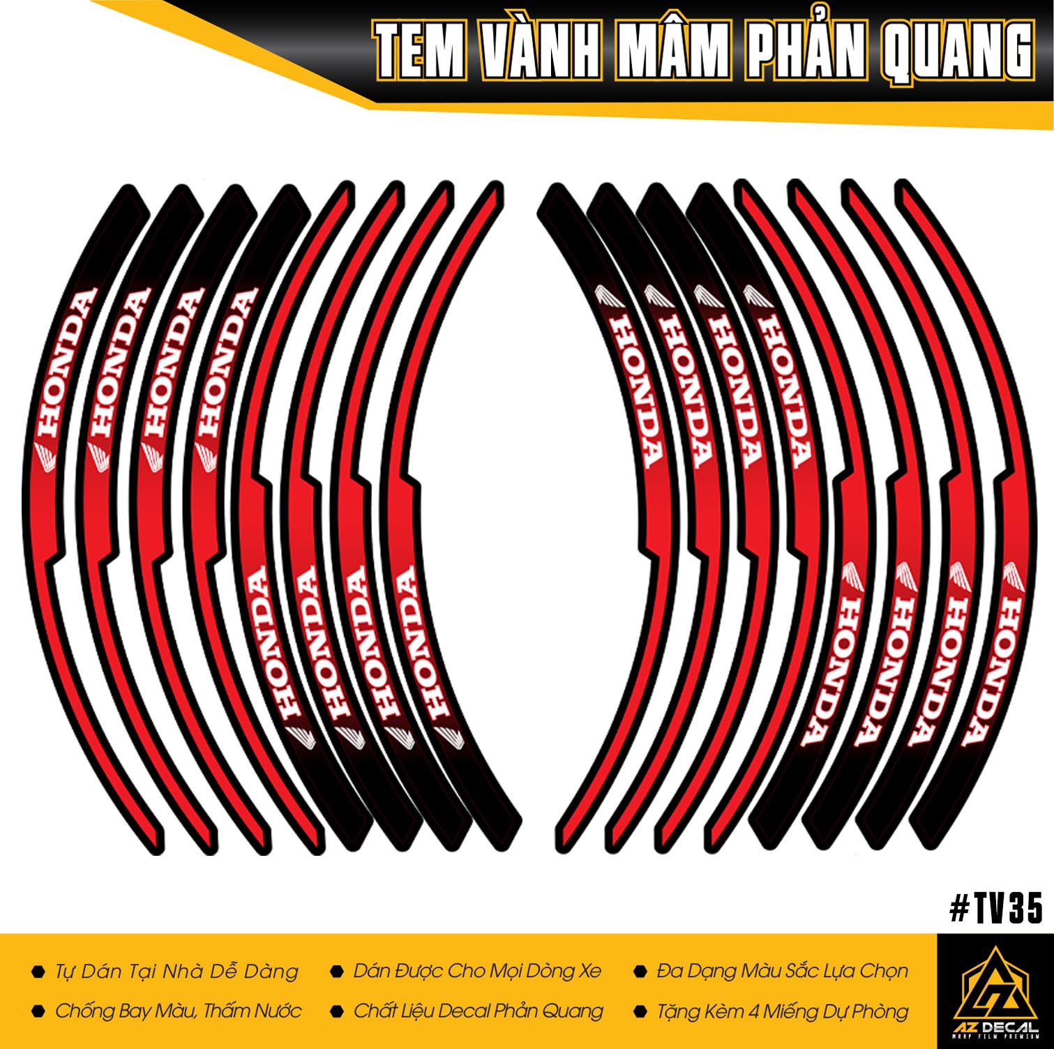 Tem Dán Vành Xe Honda Basic | TV35 | Decal Mâm Xe Máy Phản Quang, Chống Nước, Dễ Dán - Phản Quang