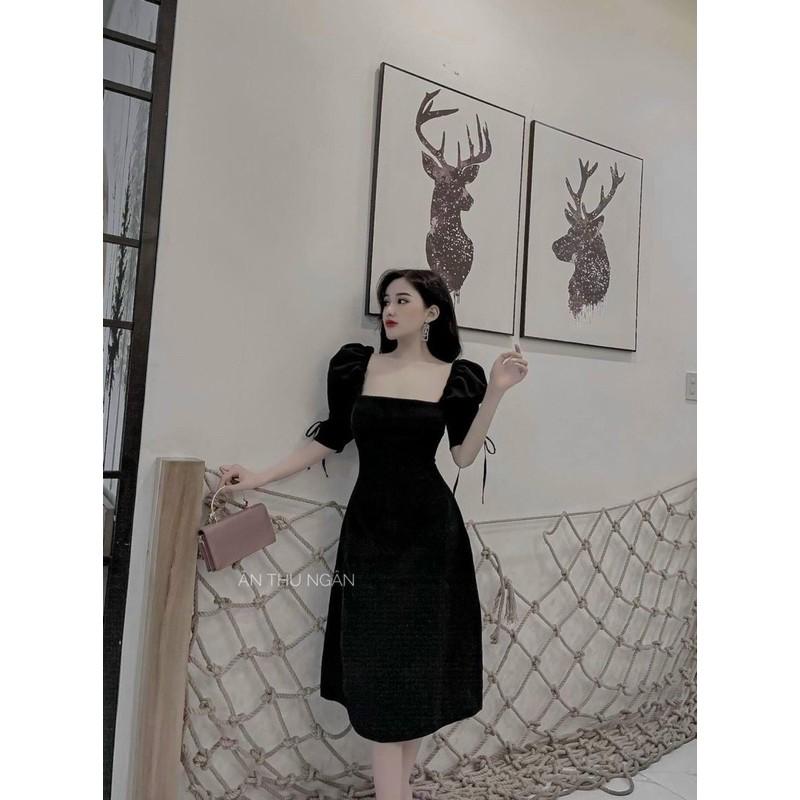 ĐẦM ĐEN CỔ VUÔNG TAY PHỒNG RÚT