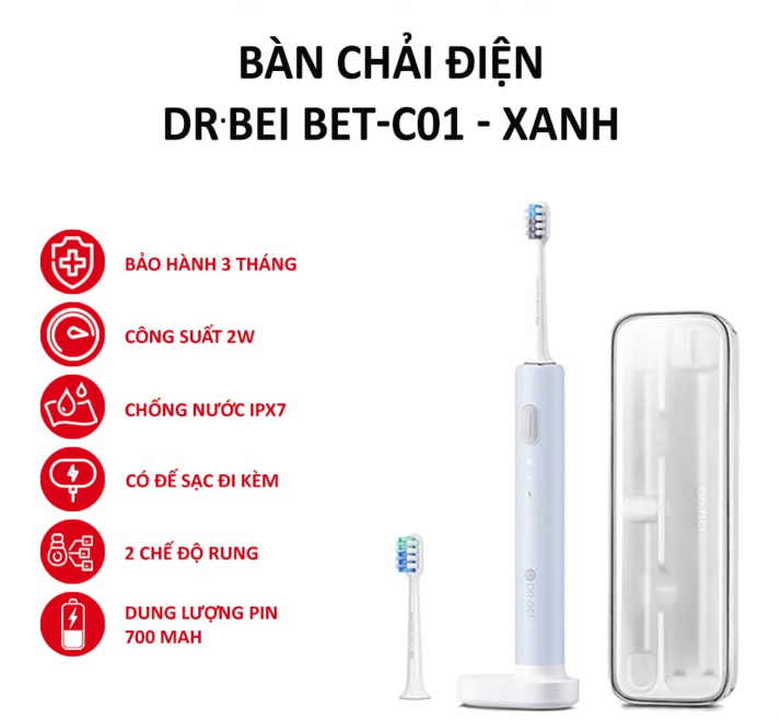 Bàn chải đánh răng điện DR.BEI BETC01 kháng nước IPX7 - Hàng nhập khẩu