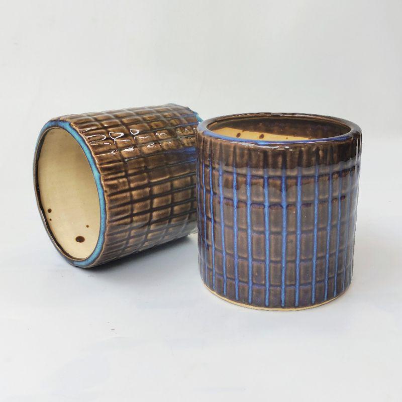 Chậu sứ trồng cây Trụ kẻ, men hỏa biến, chậu gốm sứ Bát Tràng cao cấp phù hợp trồng cây văn phòng, cây nội thất để bàn