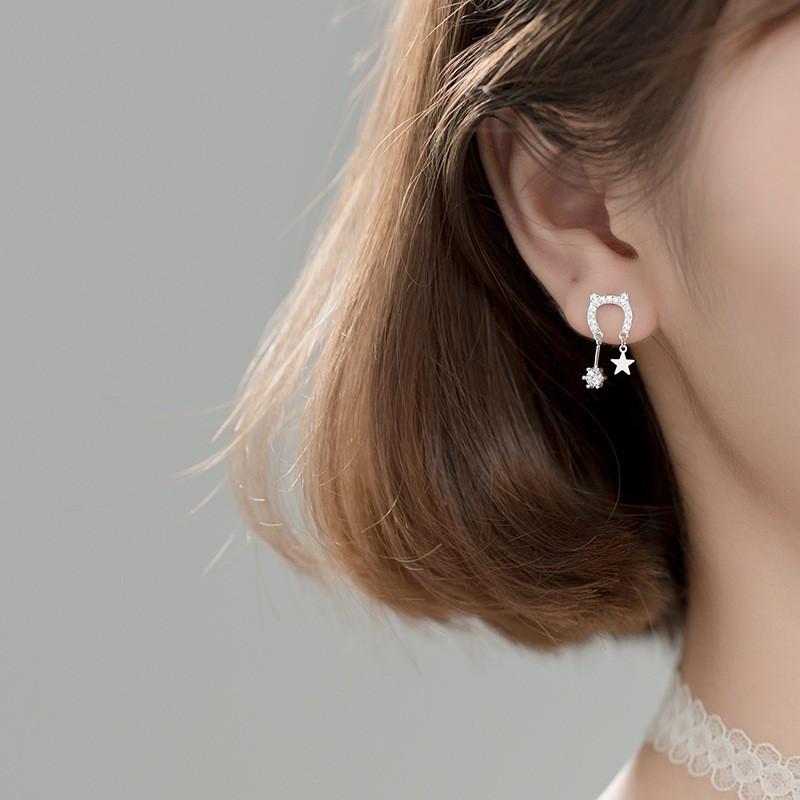 Khuyên tai bạc Ý s925 hình tai mèo ngộ nghĩnh thả đá G6666 - AROCH Jewelry