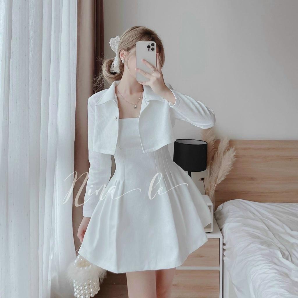 T10 Đầm trắng xòe có mút kèm áo vest mâu Nina Lê dự tiệc tiểu thư sang chảnh