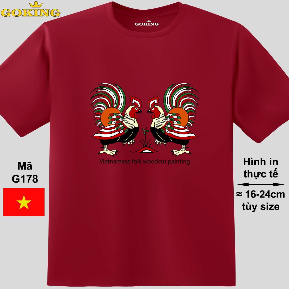 Chọi gà, mã G178. Áo thun in tranh Đông Hồ siêu đẹp cho nam nữ, cặp đôi. Áo phông Goking hàng hiệu cao cấp - Đô, vải thun lạnh - 0