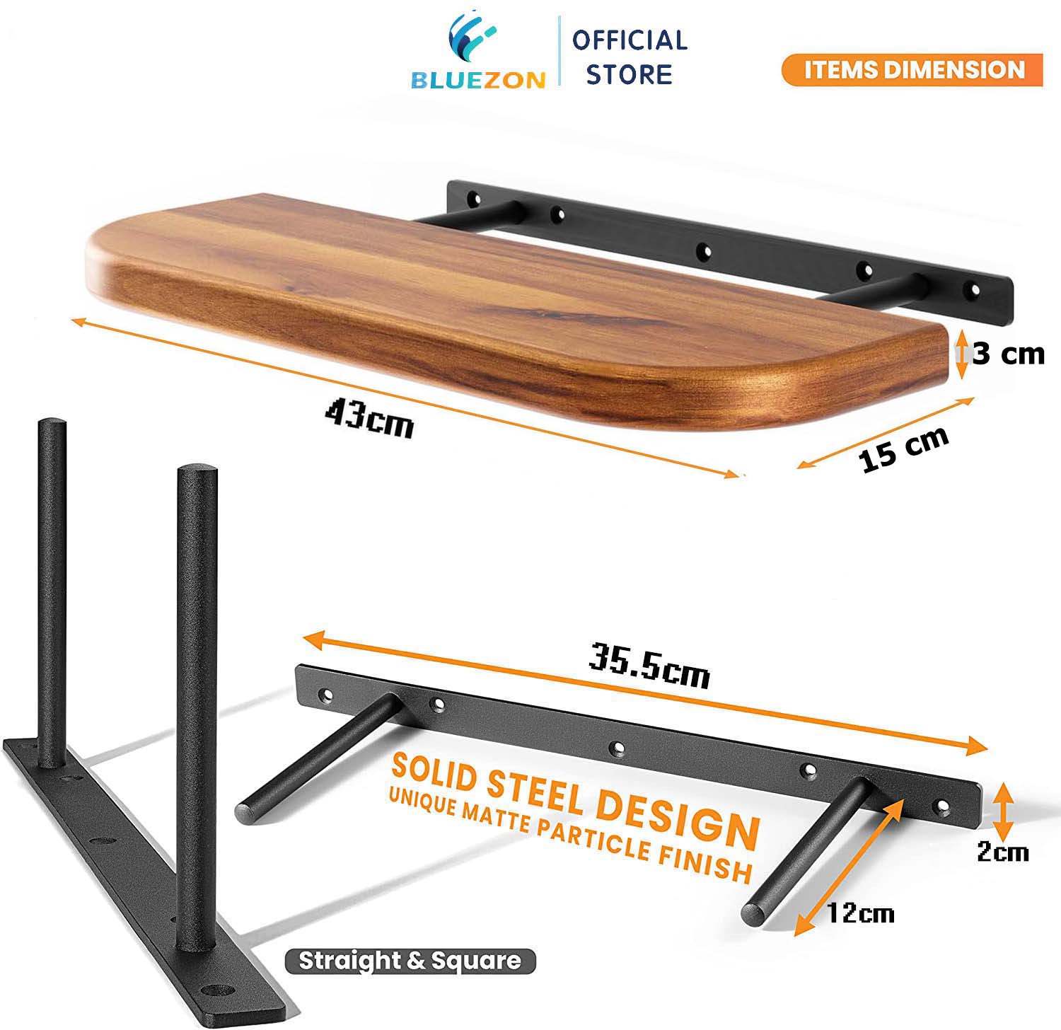 Combo 2 kệ gỗ góc bo tròn BLUEZON treo tường trang trí 43cm, kèm chốt chữ U âm tường, phụ kiện vít tắc kê