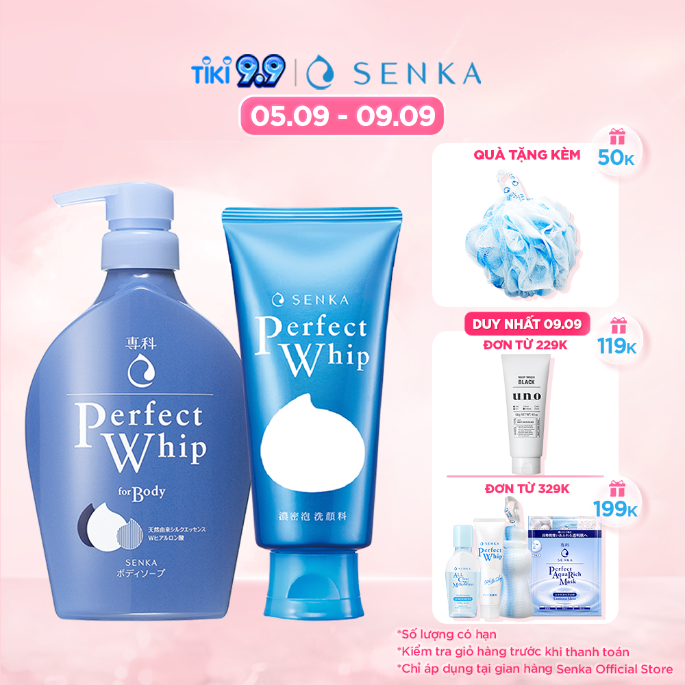 Combo Sữa tắm dưỡng ẩm Senka Perfect Whip 500ml và Sữa rửa mặt sạch ẩm mịn tự nhiên với bọt tơ tằm trắng Perfect Whip 120g