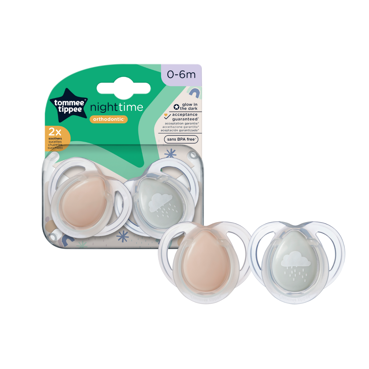 Ty Ngậm Dạ Quang Cho Bé Tommee Tippee 0-6 Tháng (Vỉ Đôi) - Night Time – Mưa Xám