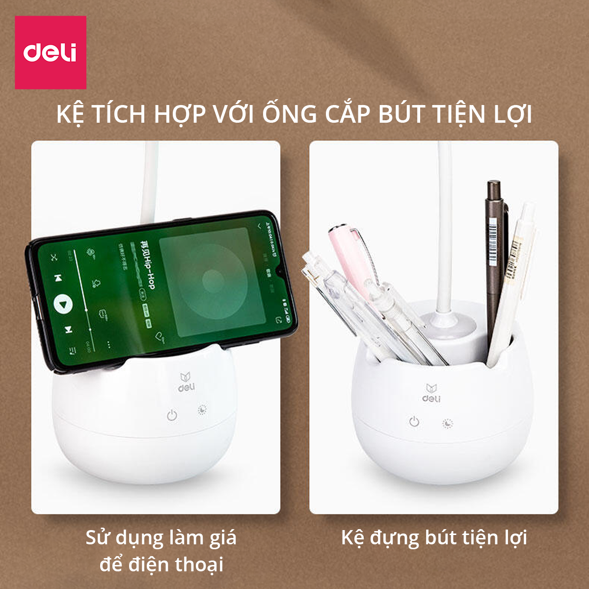 Đèn học để bàn chống cận có ống bút Deli - 3 mức độ ánh sáng - Sắc vàng tự nhiên bảo vệ mắt - Tích điện - Có thể gập gọn - 4326