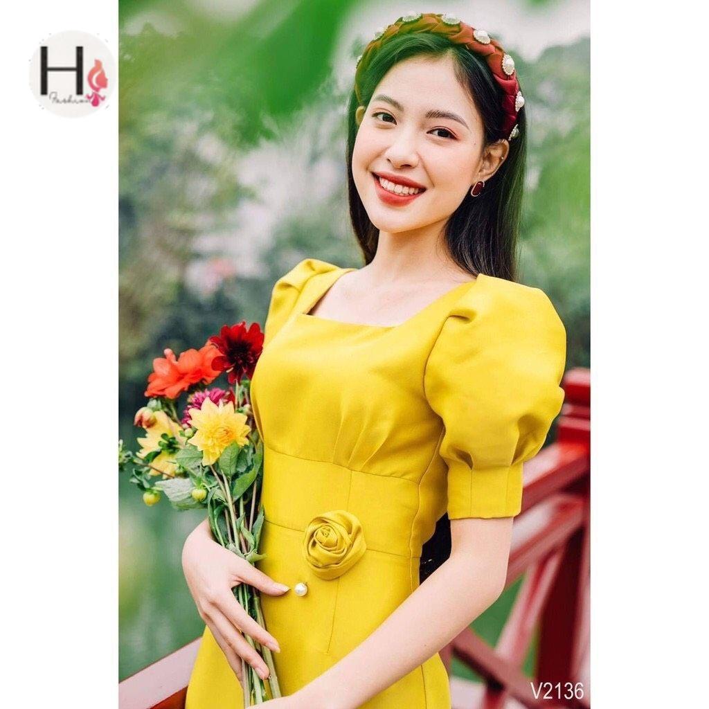 ĐẦM TAY NGẮN CỔ VUÔNG, EO KẾT HOA CÀI ĐI DỰ TIỆC