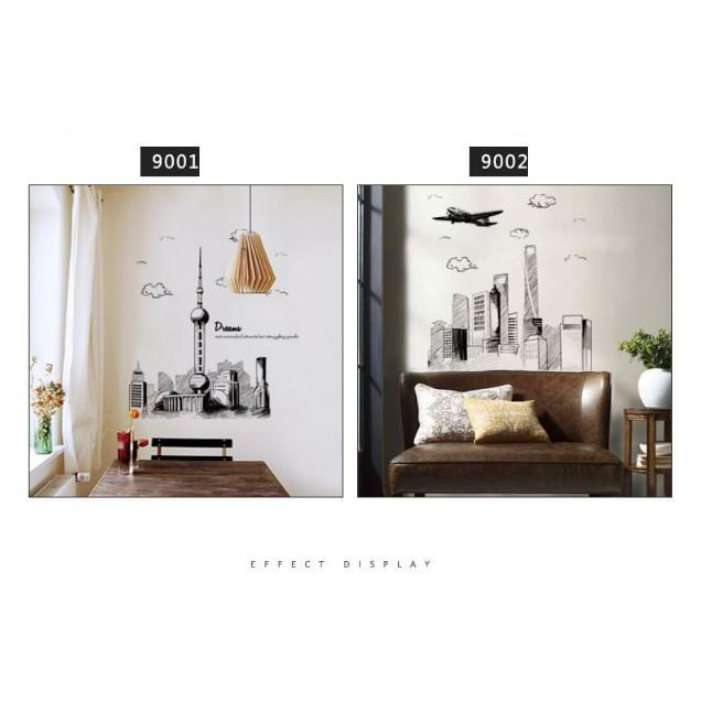 Decal trang trí tường - Thành Phố Tranh Vẽ Đen Trắng size lớn