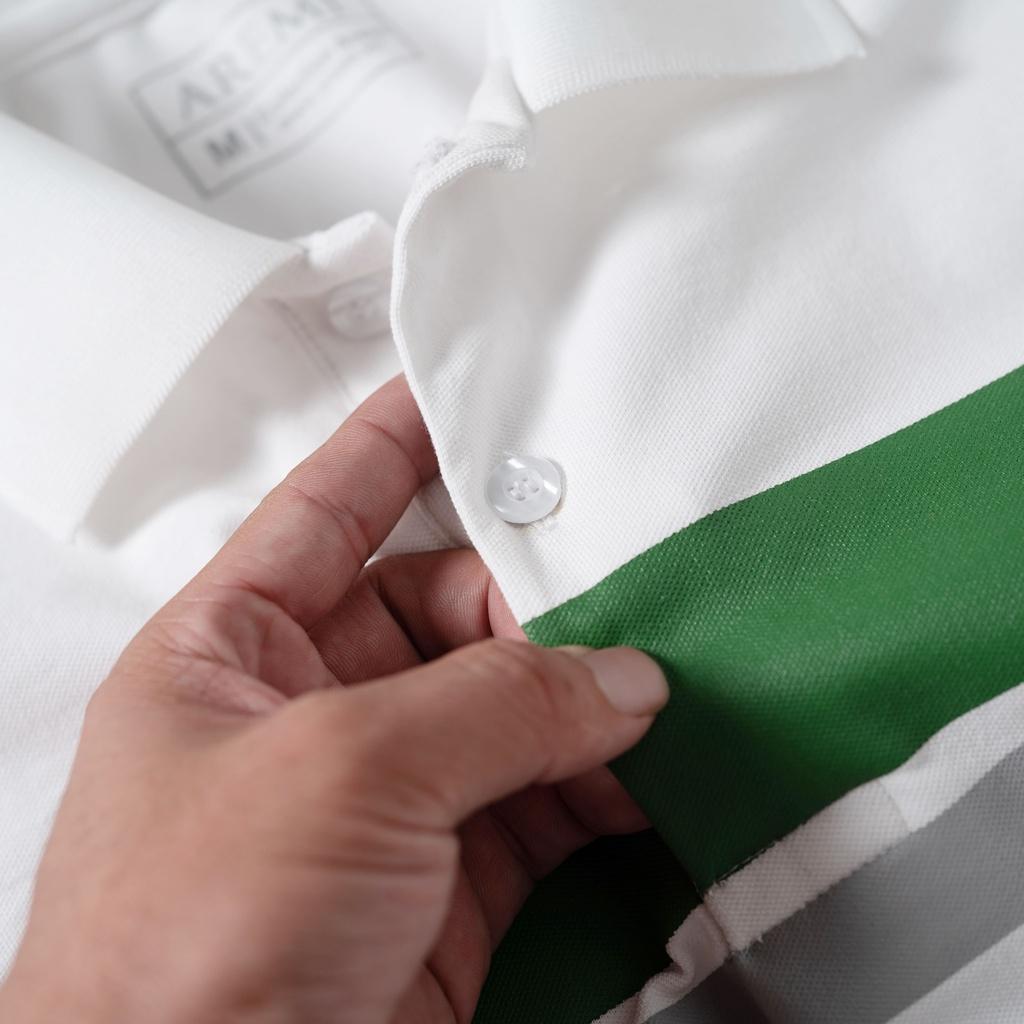 Áo polo nam tay ngắn cổ trụ AREMI, màu trắng in thiết kế đơn giản sang trọng chuẩn form APL0073