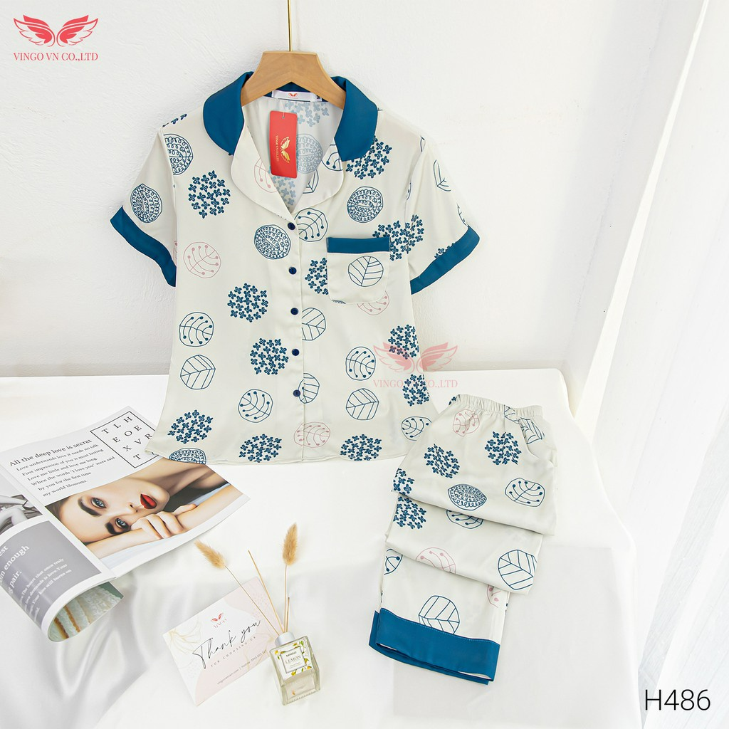 Bộ Đồ Ngủ Mặc Nhà Pijama Lụa Pháp VINGO Tay Cộc Quần Dài Họa Tiết Hoa Tuyết Thanh Lịch Hiện Đại H486 VNGO