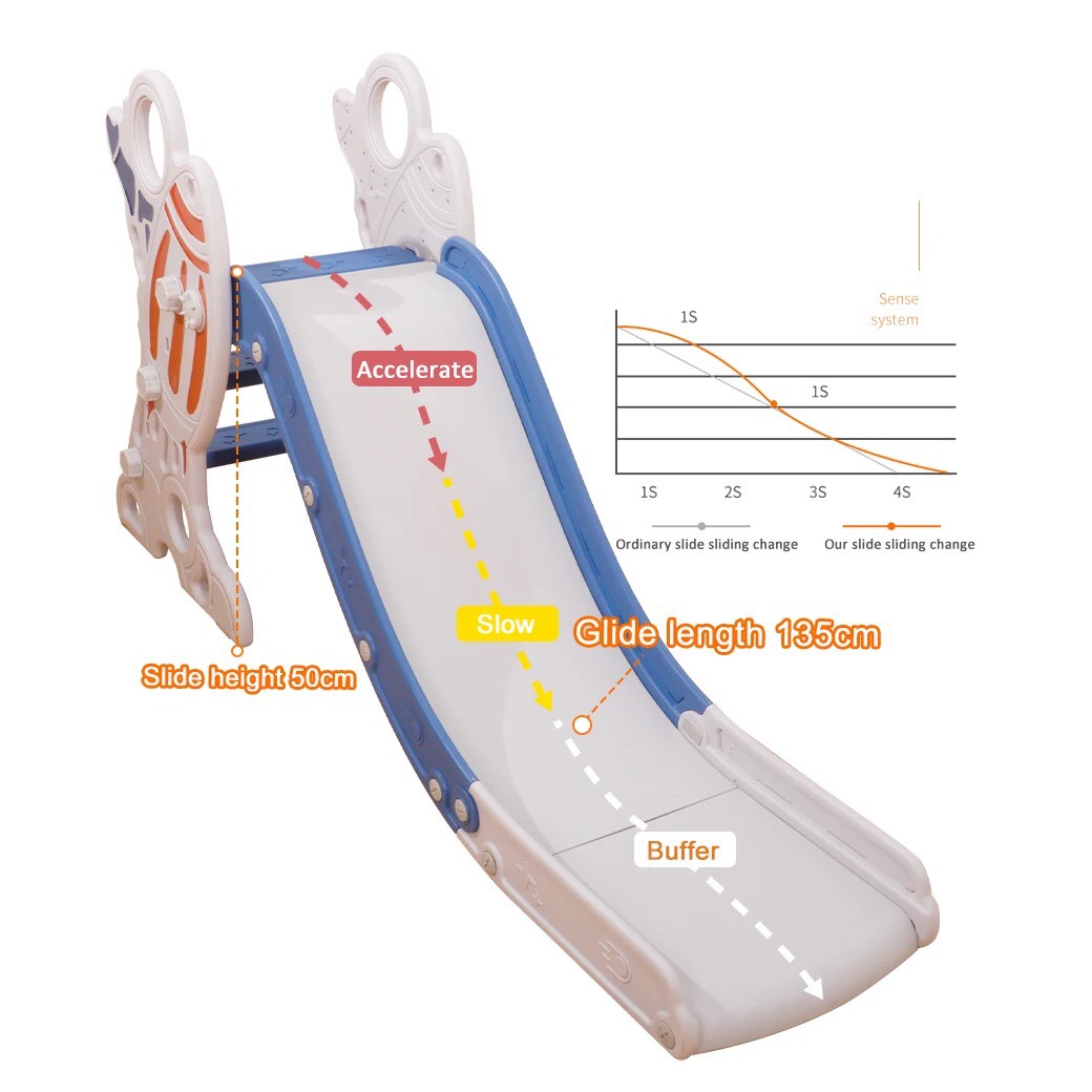 Cầu trượt trẻ em mô phỏng hình tên lửa kèm bóng rổ, cầu trượt dài 135cm