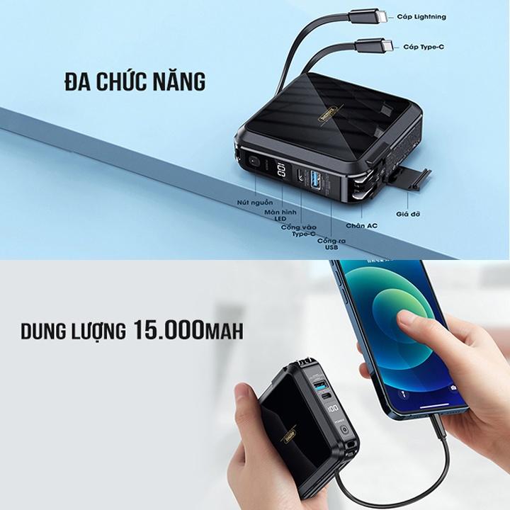 Cốc sạc nhanh kiêm pin sạc dự phòng đa năng Remax RPP-276 15000mAh tích hợp cáp sạc type C và iphone