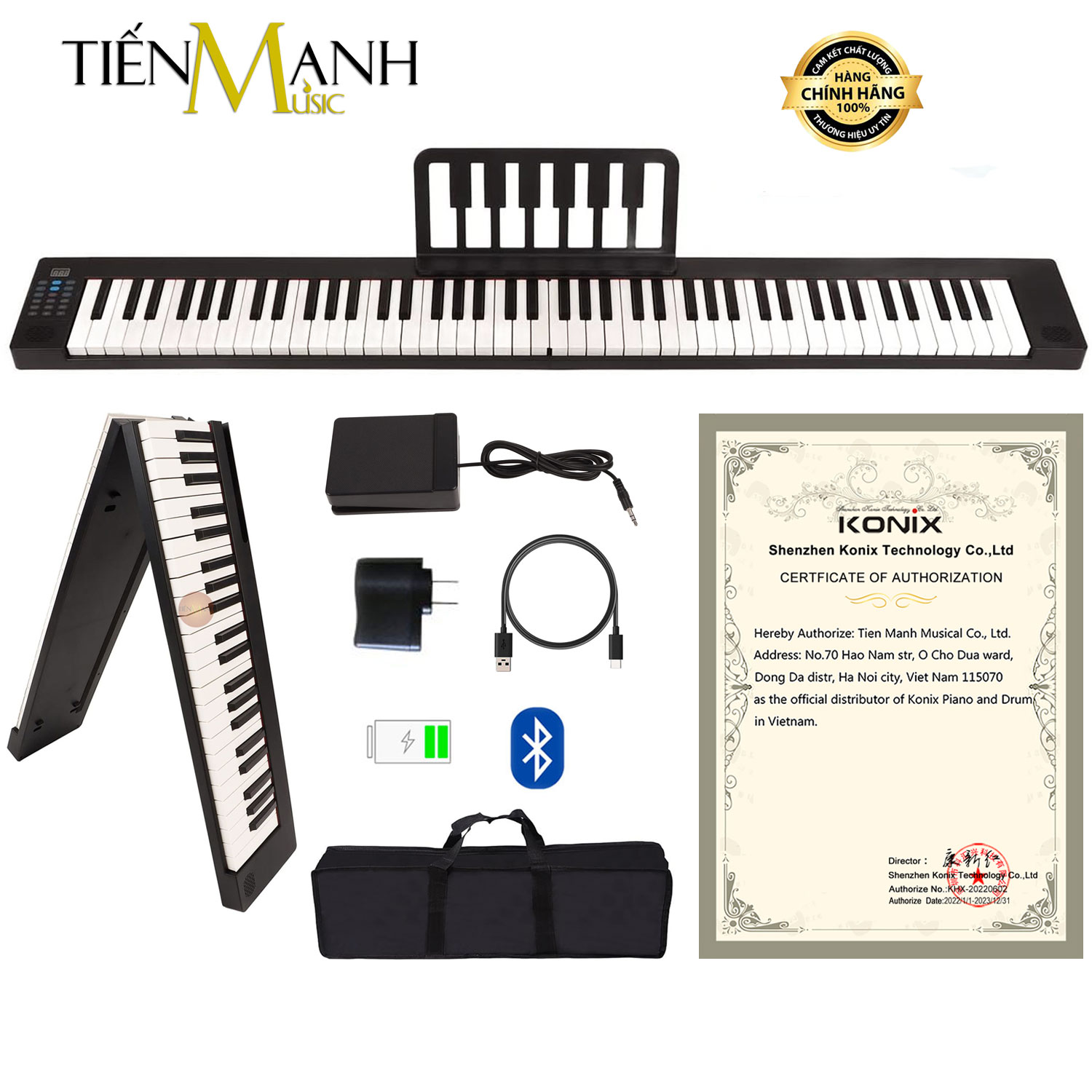 Gấp Gọn Đàn Piano Điện Konix Pj88S - 88 Phím Cảm Ứng Lực Có Loa Pj88 Pin Sạc, Bluetooth, Pedal Hàng Chính Hãng