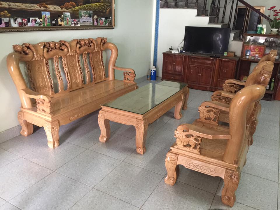 Bộ bàn ghế gỗ sồi nga , bộ ban ghế phong khach gỗ sôi , Bộ bàn ghế sofa gỗ Sồi tự nhiên tay 12 