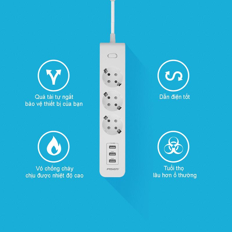 Ổ Cắm Điện Thông Minh 3 Ổ Cắm AC - Pisen 303-EP - Màu Đen
